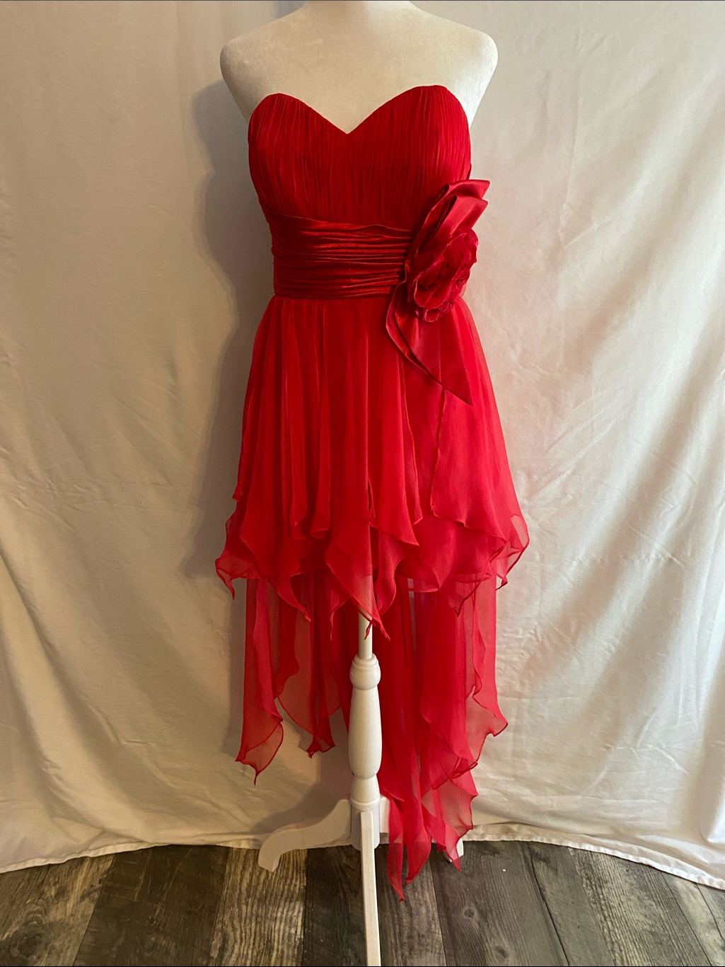 Vintage 90s Fairy High Low Strapless Handkerchief Hem Pixie Dress Gown 7 8 Red